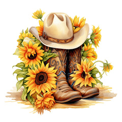 A fabric panel block featuring an illustration of sunflowers, a cowboy hat, and boots.