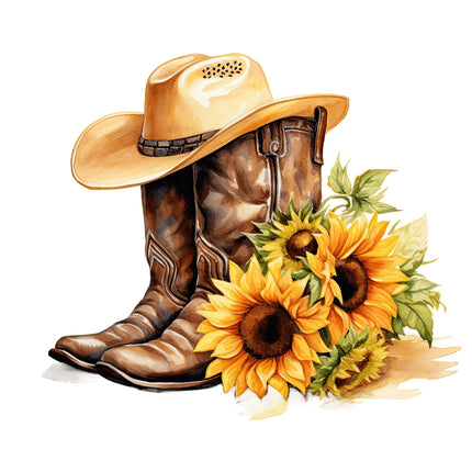 A fabric panel block featuring an illustration of a pair of cowboy boots, a cowboy hat, and sunflowers.