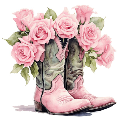 A fabric panel featuring a pair of pink cowboy boots with roses fabric panel