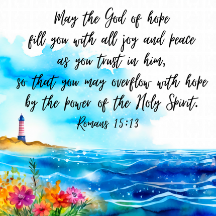 A fabric panel with a quilted design featuring a lighthouse, flowers, and a quote from Romans 15:13 about filled with joy and peace.