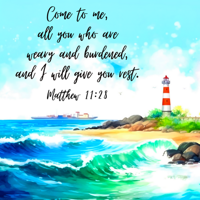 A fabric panel with an image of a lighthouse by the sea and the Bible verse Matthew 11:28 printed on it.