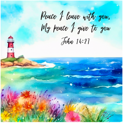 A cotton fabric panel featuring a lighthouse with a quote from John 14:27, surrounded by a colorful floral design and a scenic ocean view.