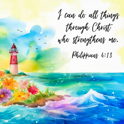 A colorful fabric panel featuring a lighthouse with flowers and watercolor background, including the text 'I can do all things through Christ who strengthens me. Philippians 4:13'.