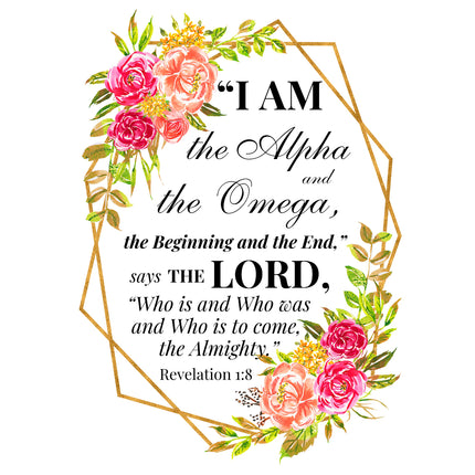 A fabric panel featuring a floral design with a Bible verse 'I AM the Alpha and the Omega, the Beginning and the End,' says the Lord, Who is and Who comes, the Almighty.' Revelation 1:8, surrounded by a gold geometric border.