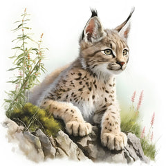A digitally printed 100% cotton fabric panel featuring a lynx sitting on a rock with grass and flowers in the background.