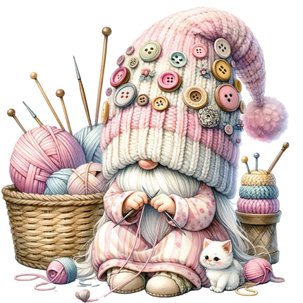 A digitally printed 100% cotton fabric panel featuring a knitting gnome with buttons, yarn, and a cat.