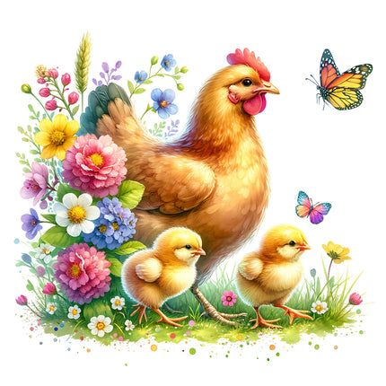 A fabric panel featuring a digitally printed design with a chicken and chicks among colorful flowers and butterflies.