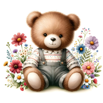 A digitally printed 100% cotton fabric panel featuring a teddy bear with floral elements, available in various sizes for quilting and sewing.