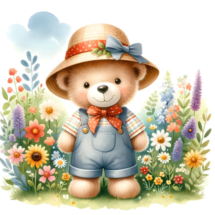 A digitally printed 100% cotton fabric panel featuring a teddy bear wearing a straw hat with a bow