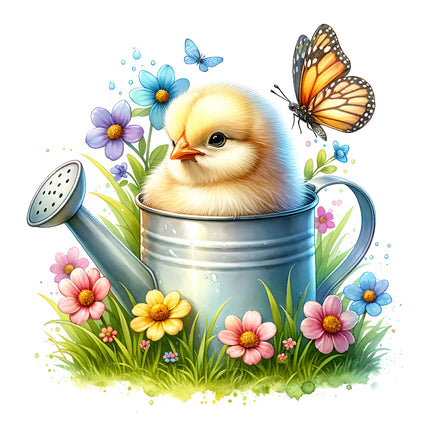 A fabric panel block featuring a digitally printed design with a baby chick in a watering can 