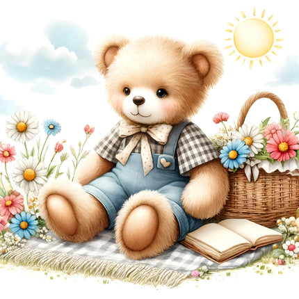 A fabric panel featuring a teddy bear seated on a blanket with a basket of flowers and a book, under a blue sky with sun and more flowers.