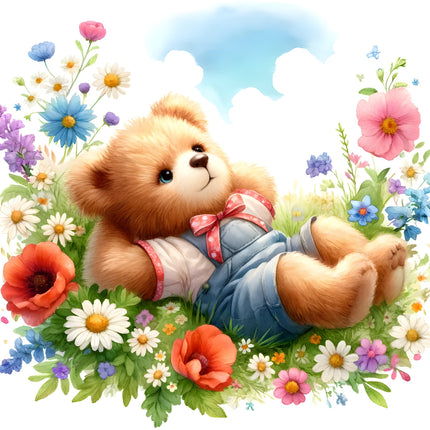 A digitally printed 100% cotton fabric panel featuring a teddy bear sitting among colorful flowers such as daisies and poppies.