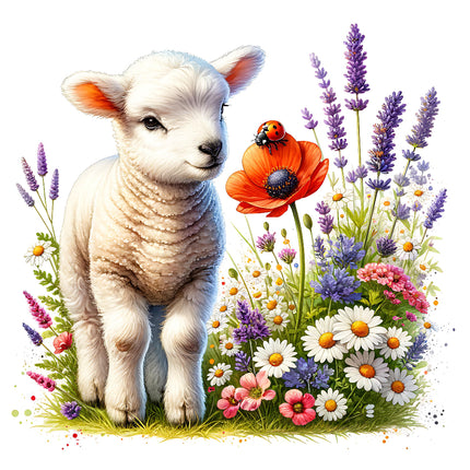 A fabric panel featuring a cute sheep standing next to a flower garden with a ladybug on one of the flowers.