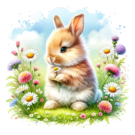 A digitally printed 100% cotton fabric panel featuring a cute bunny rabbit sitting among colorful flowers.