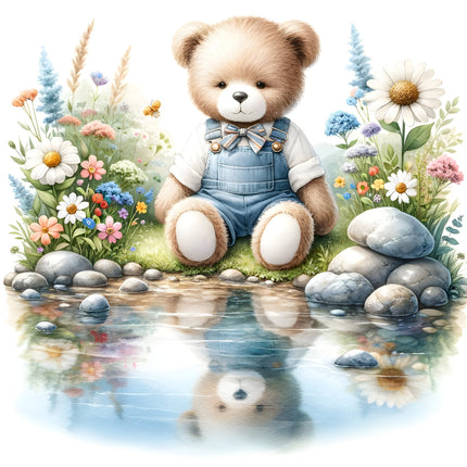 A fabric panel featuring a teddy bear sitting on grass with a stone path and floral background, representing a quilt block design.