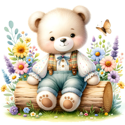 A digitally printed 100% cotton fabric panel featuring a cute teddy bear sitting on a log surrounded by colorful flowers and a butterfly.