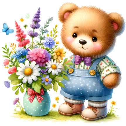 A digital illustration of a teddy bear wearing overalls, standing next to a vase of colorful flowers.