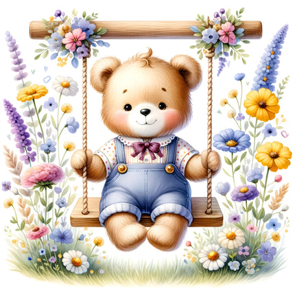 A fabric panel featuring a cute teddy bear sitting on a swing surrounded by a floral garden with a variety of colorful flowers.