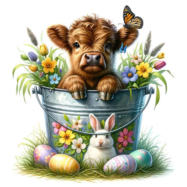 A fabric panel featuring a digital print of a Highland cow in a bucket with flowers and Easter eggs.