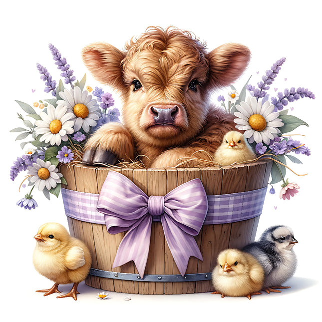 A fabric panel featuring a digital print of a Highland cow, chicks, and flowers in a basket with a purple ribbon.