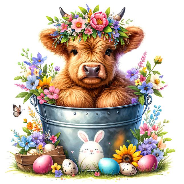 Easter Highland Cow 100% Cotton Fabric Panel Block SC534