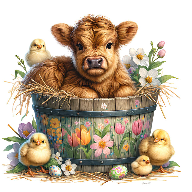 A fabric panel featuring a digital print of a Highland cow, chicks, and floral patterns inside a basket.