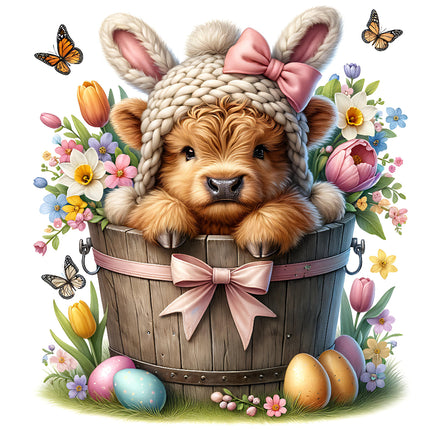 A digital print of a fabric panel featuring a cartoon Highland cow with a knit hat and a bow, sitting in a basket surrounded by Easter eggs and flowers.