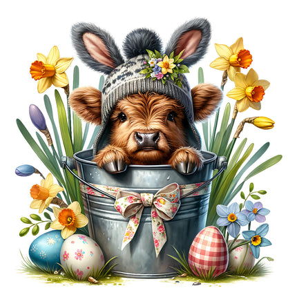 A fabric panel featuring a digital print of a Highland cow with Easter decorations, including eggs and flowers, with a focus on a 100% cotton texture.