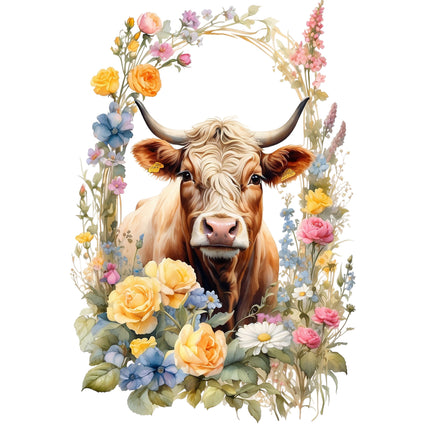 A fabric panel featuring a floral cow
