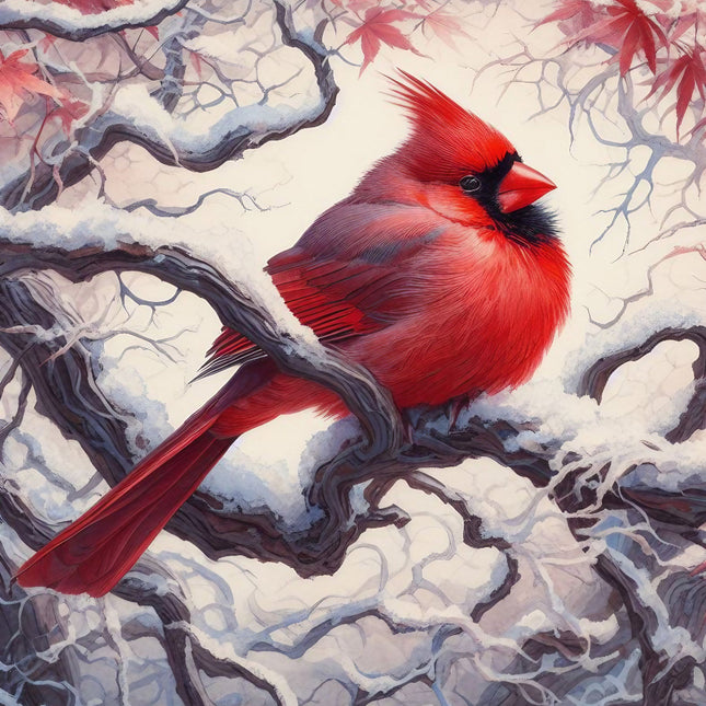 A digitally printed 100% cotton fabric panel featuring a red cardinal perched on a branch with snow.