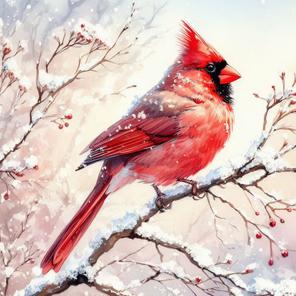 A digitally printed 100% cotton fabric panel featuring a red cardinal perched on a branch with snow and berries.