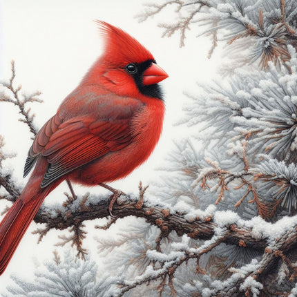 A digitally printed 100% cotton fabric panel featuring a red cardinal perched on a branch with snow.