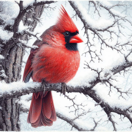 A digitally printed 100% cotton fabric panel featuring a red cardinal perched on a snow-covered branch.