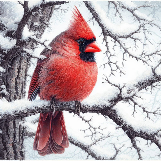 A digitally printed 100% cotton fabric panel featuring a red cardinal perched on a snow-covered branch.
