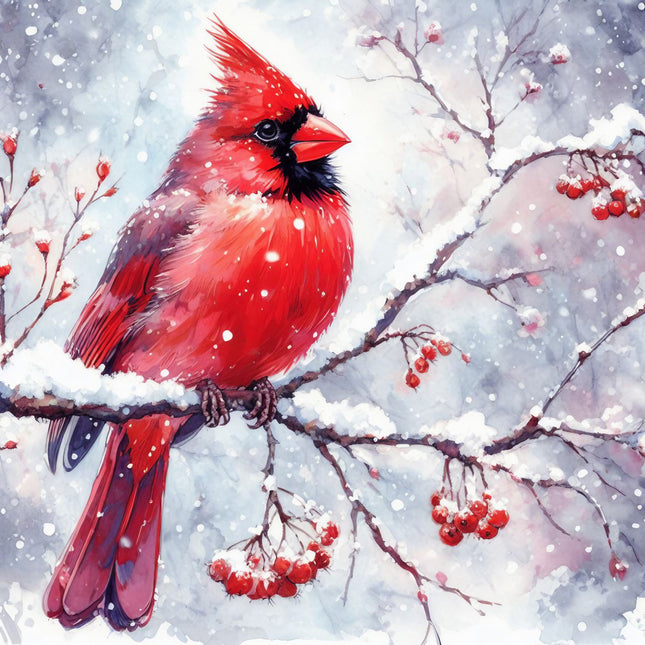 Red cardinal bird perched on a branch with snow and berries fabric panel