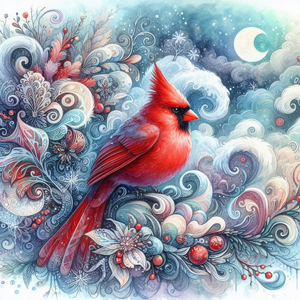 A digitally printed 100% cotton fabric panel featuring a red cardinal bird surrounded by snowflakes and holly berries against a whimsical blue and white winter-themed background.