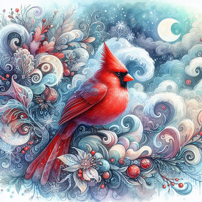 A digitally printed 100% cotton fabric panel featuring a red cardinal bird surrounded by snowflakes and holly berries against a whimsical blue and white winter-themed background.