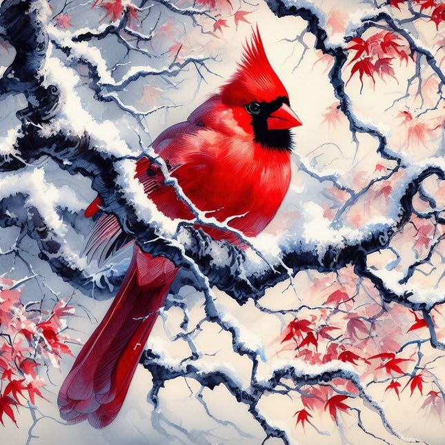 A fabric panel featuring a digitally printed red cardinal perched on a branch with snow fabric panel