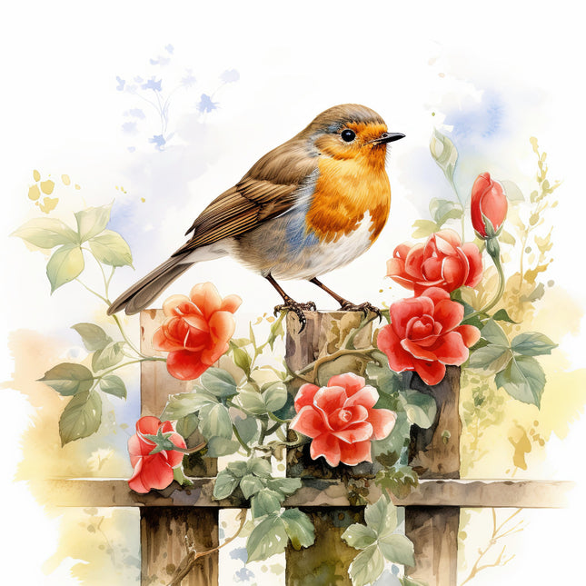 A fabric panel featuring a digitally printed design with a bird perched on a fence surrounded by flowers.