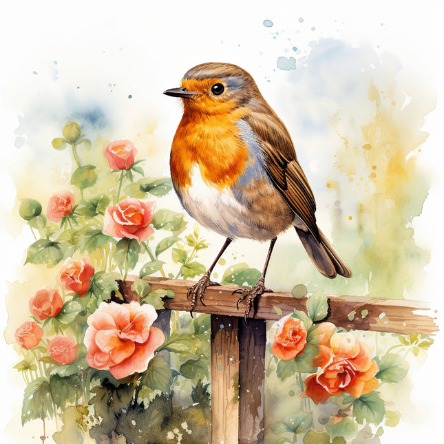 A digitally printed 100% cotton fabric panel featuring a vibrant image of a robin bird perched on a fence with rose flowers in the background.