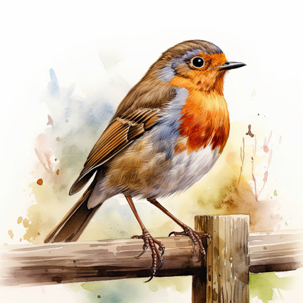 A digitally printed 100% cotton fabric panel featuring a Robin bird perched on a wooden fence against a splash of watercolor background.