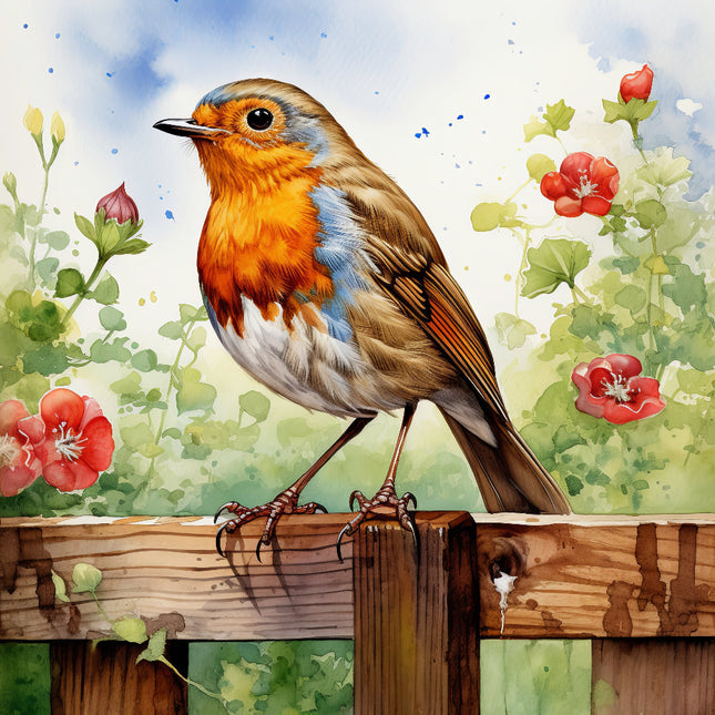 A digitally printed 100% cotton fabric panel featuring a vibrant image of a robin bird perched on a fence with floral background.