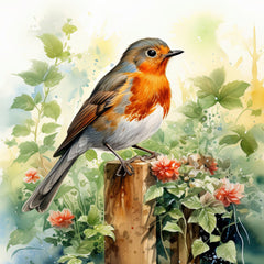 A digitally printed 100% cotton fabric panel featuring a vibrant image of a robin bird perched on a post with flowers in the background.