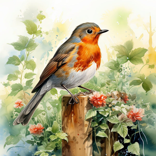 A digitally printed 100% cotton fabric panel featuring a vibrant image of a robin bird perched on a post with flowers in the background.