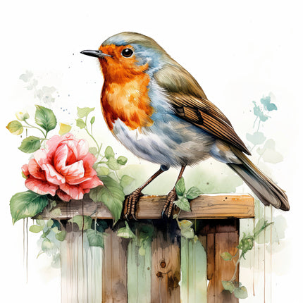 A digitally printed 100% cotton fabric panel featuring a colorful bird perched on a fence with a pink rose and green leaves in the background.