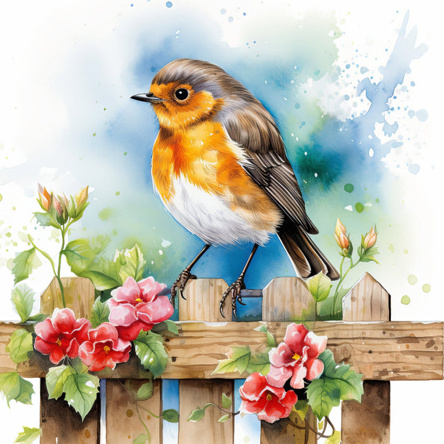 A fabric panel featuring a digitally printed robin bird perched on a fence 
