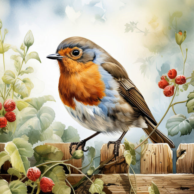 A digitally printed 100% cotton fabric panel featuring a colorful depiction of a robin bird perched on a fence with floral background.