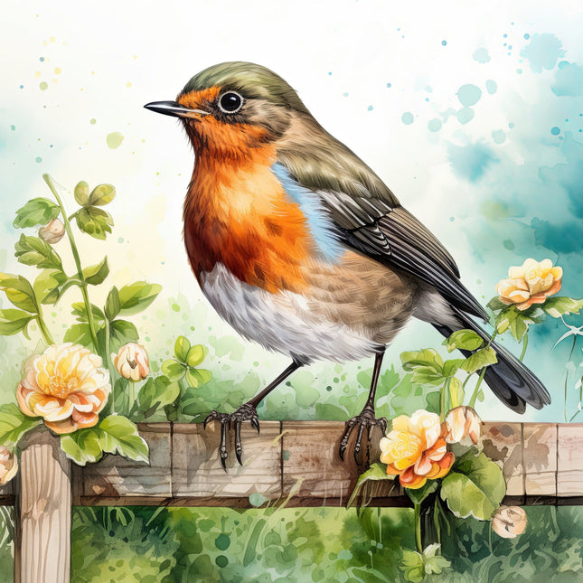 A digitally printed 100% cotton fabric panel featuring a colorful illustration of a robin bird perched on a fence with flowers in the background.