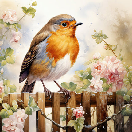 A digitally printed 100% cotton fabric panel featuring a colorful robin