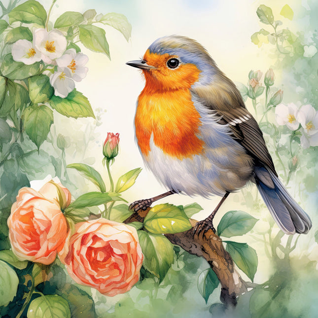 A fabric panel featuring a digitally printed image of a robin bird perched on a branch with flowers.